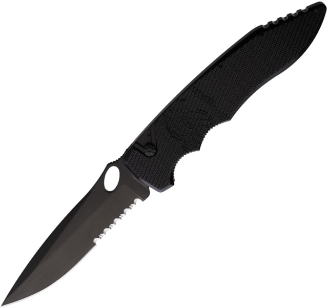 Piranha Knives Auto Predator Automatic Automatic Folding Knife 4in CPM S30V Black Oxide Partially Serrated Blade Black Textured Aluminum Handle