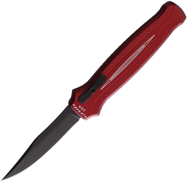 Piranha Knives Auto Rated-R OTF Automatic Folding Knife 3.5in 154CM Clip Point Blade Black DLC Red Aluminum Handle