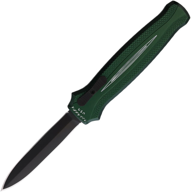 Piranha Knives Auto Rated-X Automatic Folding Knife 3.5in 154CM Black Plain Dagger Blade Green Aluminum Handle