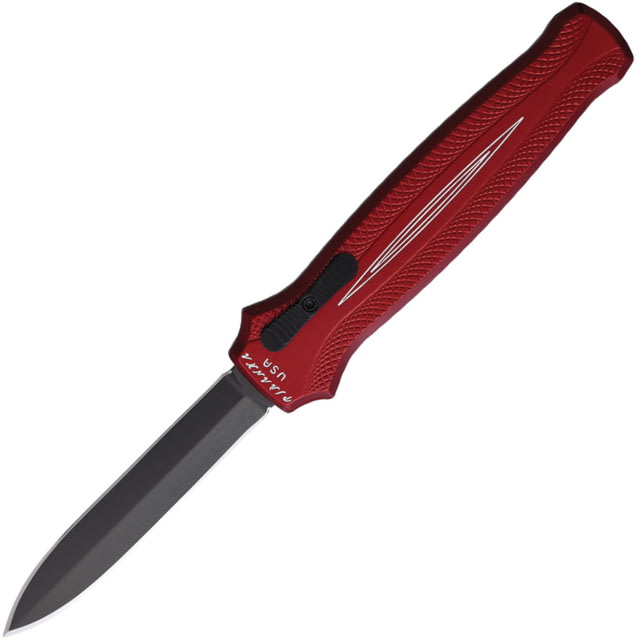 Piranha Knives Auto Rated-X Automatic Folding Knife 3.5in 154CM Black Plain Dagger Blade Red Aluminum Handle