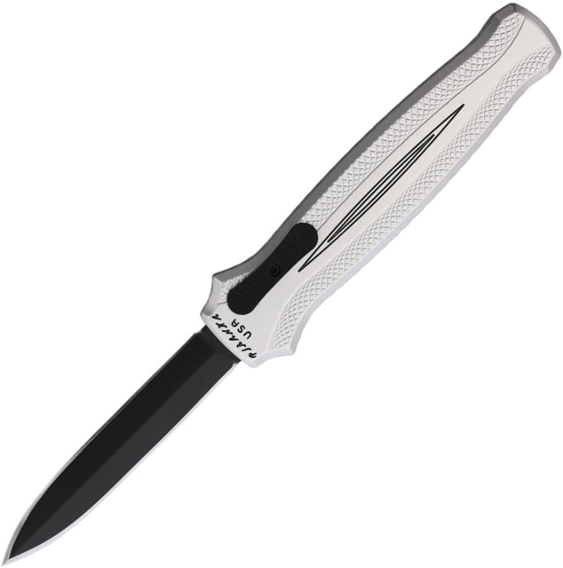 Piranha Knives Auto Rated-X Automatic Folding Knife 3.5in 154CM Black Plain Dagger Blade Silver Aluminum Handle - Piranha Knives