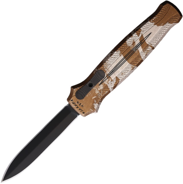 Piranha Knives Auto Rated-X Automatic Folding Knife 3.5in 154CM Black Plain Dagger Blade Camo Aluminum Handle