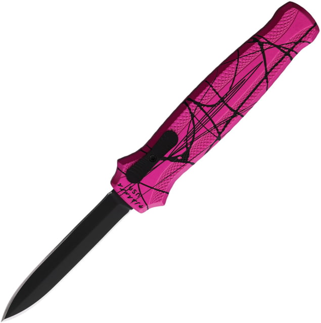 Piranha Knives Auto Rated-X Tactical Folding Knife 3.5in 154CM Black Plain Dagger Blade Pink Aluminum Handle