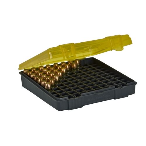 Plano 100 Count Handgun Ammo Case w/Hin ged Cover - 5.9in , .45 ACP .40 S&W 10mm - Dk. Gray & trans Amber 1227-00