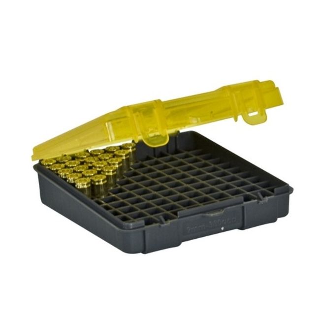 Plano Handgun Ammo Case with Hinged Cover 9mm 100 count Dark Gray/Transparent Amber