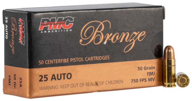 Ammunition Bronze .25 ACP 50 Grain Full Metal Jacket Brass Cased Pistol 50 Rounds Ammo
