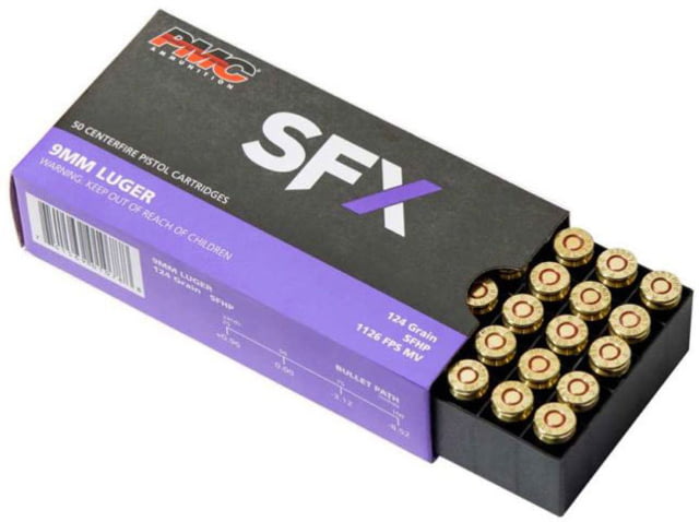  Ammunition 9mm Luger 124 Grain SFX Hollow Point Brass Cased Pistol 50 Rounds PMC Ammo