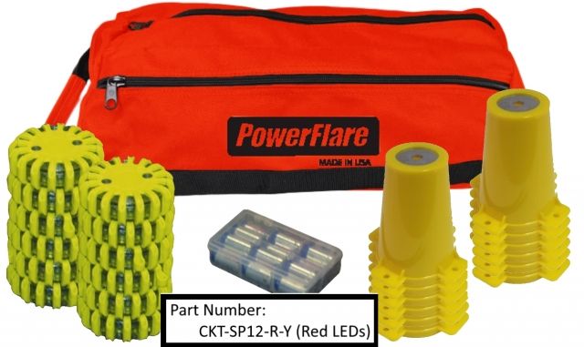 Powerflare 12-Position Cone Adapter Kit with 12-Pack Soft Pack of Magnetic PowerFlare Lights Red LEDs Orange Shell
