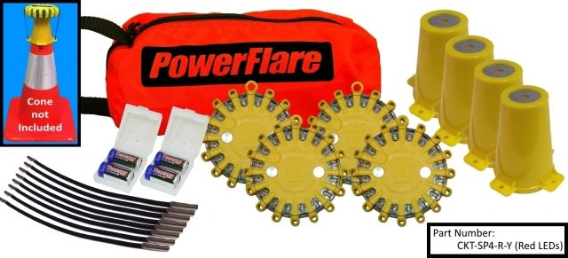 Powerflare 4-Position Cone Adapter Kit with 4-Pack Soft Pack of Magnetic PowerFlare Lights Amber LEDs Tan Shell
