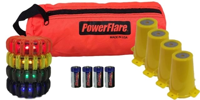 Powerflare 4-Position Cone Adapter Kit with 4-Pack Soft Pack of Magnetic PowerFlare Lights Assorted