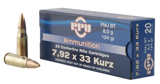 PPU Metric Rifle 7.92x33mm Kurz 124 Grain Full Metal Jacket Brass Cased Rifle Ammo 20 Rounds