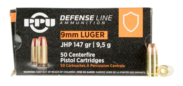 PPU Defense 9mm Luger 147 Grain Jacketed Hollow Point Brass Cased Pistol Ammo 50 Rounds Defense 9mm Luger 147 Grain Jacketed Hollow Point Brass Cased Pistol 50 Rounds Ammo