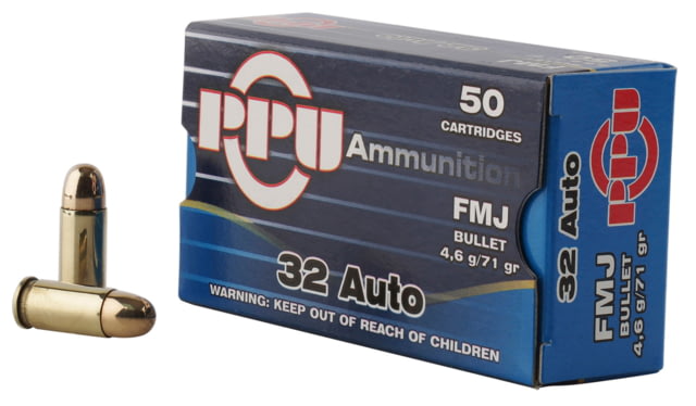 PPU Handgun .32 ACP 71 Grain Full Metal Jacket Brass Cased Pistol Ammo 50 Rounds  Handgun .32 ACP 71 Grain Full Metal Jacket Brass Cased Pistol 50 Rounds Ammo
