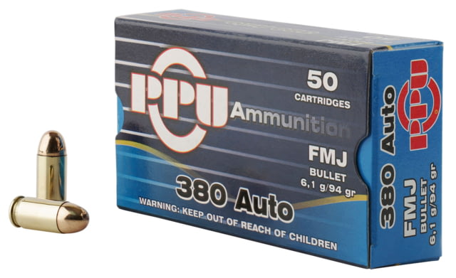 PPU .380 ACP 94 Grain Full Metal Jacket Brass Cased Centerfire Pistol Ammo 50 Rounds .380 ACP 94 Grain Full Metal Jacket Brass Cased Centerfire Pistol 50 Rounds Ammo