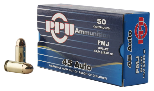 PPU Handgun .45 ACP 230 Grain Full Metal Jacket Brass Cased Pistol Ammo 50 Rounds Handgun .45 ACP 230 Grain Full Metal Jacket Brass Cased Pistol 50 Rounds Ammo