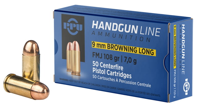 PPU Handgun 9mm Browning Long 108 Gr Full Metal Jacket FMJ 50 Bx/ 20 Handgun 9mm Browning Long 108 Gr Full Metal Jacket FMJ 50 Bx/ 20 Ammo