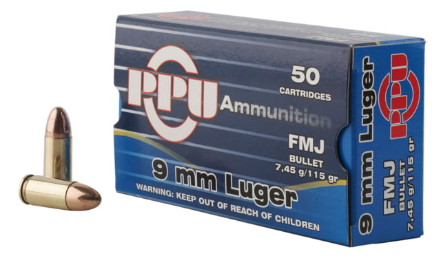PPU Handgun 9mm Luger 115 Grain Full Metal Jacket Brass Cased Pistol Ammo 50 Rounds Handgun 9mm Luger 115 Grain Full Metal Jacket Brass Cased Pistol 50 Rounds Ammo