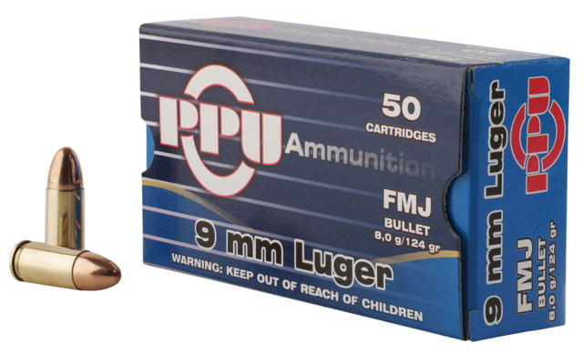 PPU Handgun 9mm Luger 124 Grain Full Metal Jacket Brass Cased Pistol Ammo 50 Rounds Handgun 9mm Luger 124 Grain Full Metal Jacket Brass Cased Pistol 50 Rounds Ammo