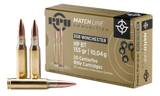  Match .308 Winchester 155 Grain Hollow Point Boat Tail Brass Cased Rifle 20 Rounds Ammo