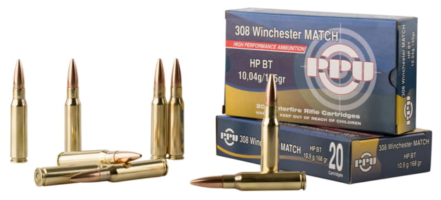  Match .308 Winchester 168 Grain Hollow Point Boat Tail Brass Cased Rifle 20 Rounds Ammo