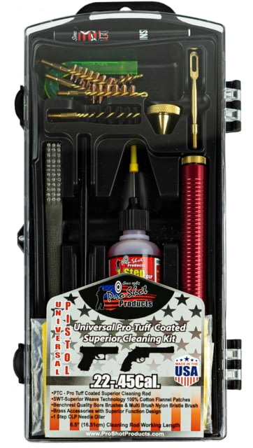 Pro-Shot Coated Rod Universal Pistol Gun Cleaning Kit Black From .22-.45 Cal.