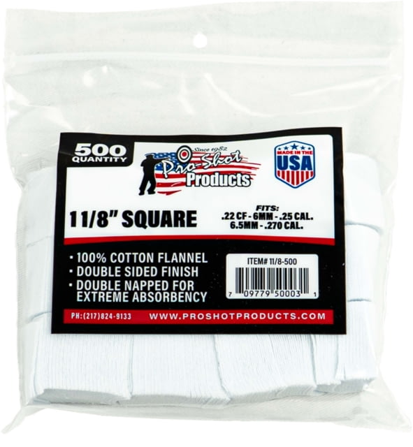 Pro-Shot Cotton Flannel Patches .22-.270 Caliber 1.125 In Square White 500