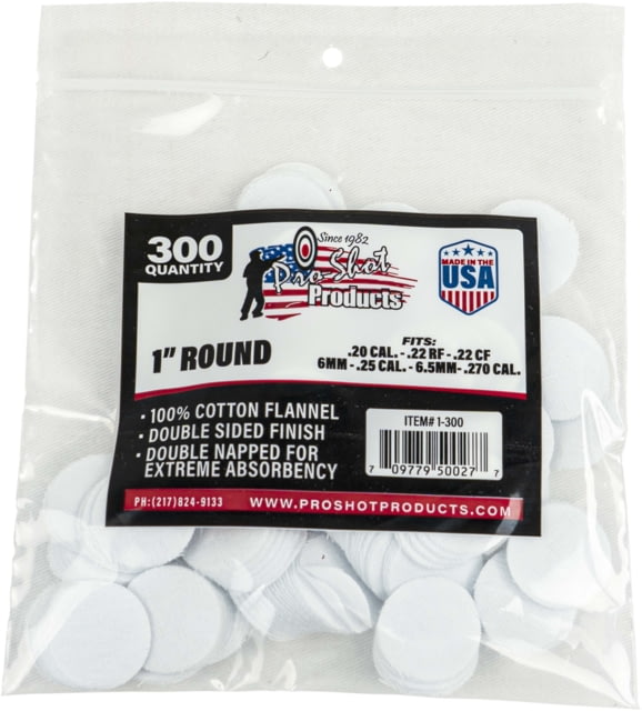 Pro-Shot Cotton Flannel Patches .22-.270 Caliber 1 In Round White 300