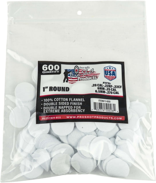 Pro-Shot Cotton Flannel Patches .22-.270 Caliber 1 In Round White 600