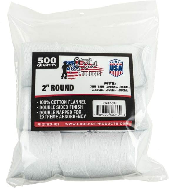 Pro-Shot Cotton Flannel Patches .270-.38 Caliber 2 in Round White 500