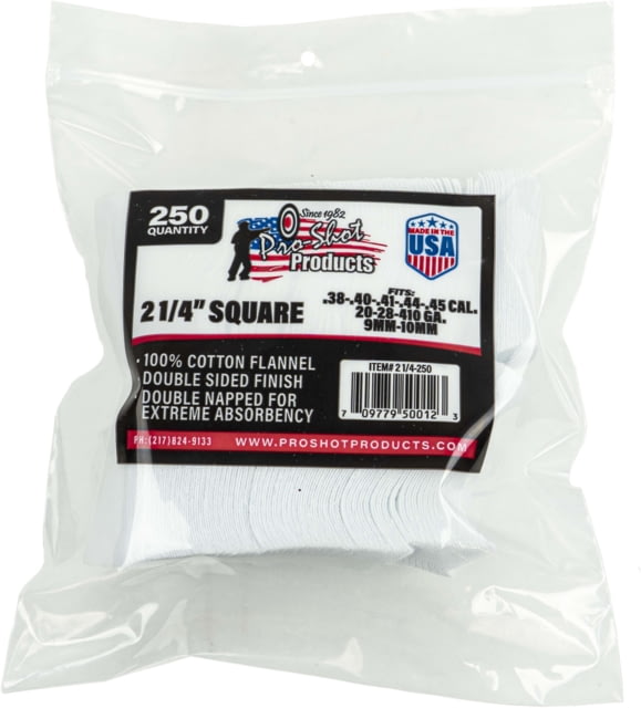 Pro-Shot Cotton Flannel Patches .38-.45 Caliber/20-.410 Gauge 2.25 Inch Square 250 Per Bag