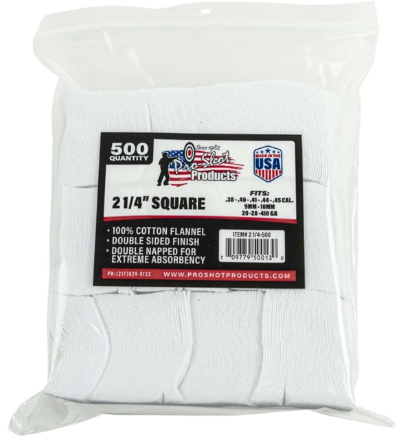 Pro-Shot Cotton Flannel Patches .38-.45 Caliber/20-.410 Gauge 2.25 Inch Square 500 Per Bag