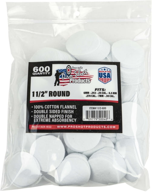 Pro-Shot Cotton Flannel Patches 6mm - .30 Caliber 1.5 Inch Round 600 Per Bag