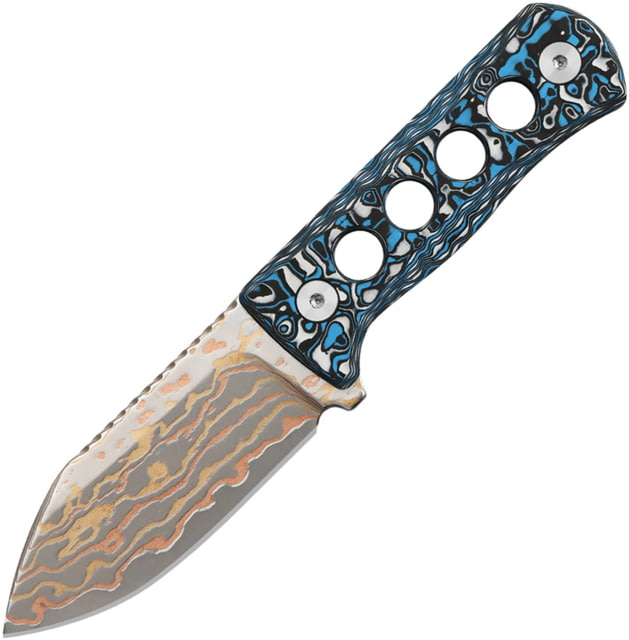QSP Knife Canary Copper Dam Black Neck Knife 5.25in Overall 2.5in Copper Damascus Steel Blade Black/White/Blue Carbon Fiber Handle Black Kydex Neck - Qsp Knife