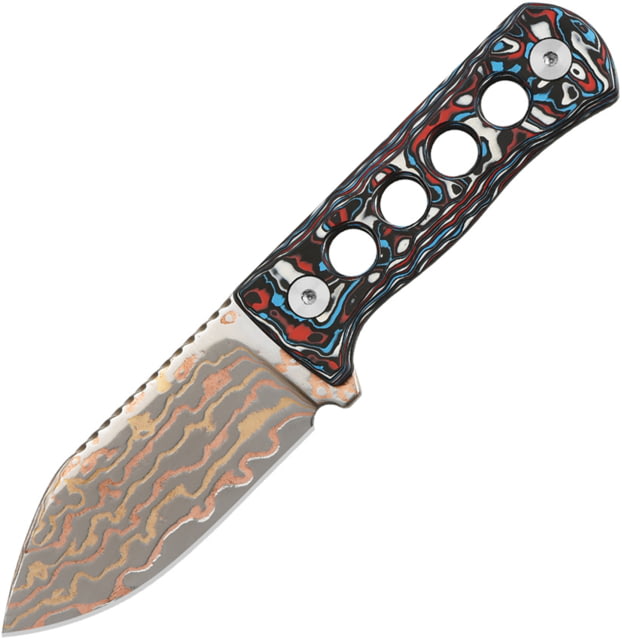 QSP Knife Canary Copper Dam Neck Knife 5.25in Overall 2.5in Copper Damascus Steel Blade Red/White/Blue Carbon Fiber Handle Black Kydex Neck Sheath