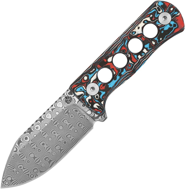 QSP Knife Canary Damascus Neck Knife 5.25in Overall 2.5in Damascus Steel Blade Red/White/Blue Carbon Fiber Handle Black Kydex Neck Sheath - Qsp Knife