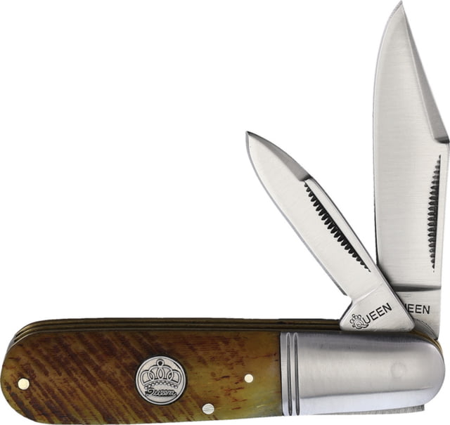 Queen Barlow Sawcut Bone Folding Knife Satin finish stainless clip and pen blades Brown sawcut bone handle QN012 / KB211 - Queen