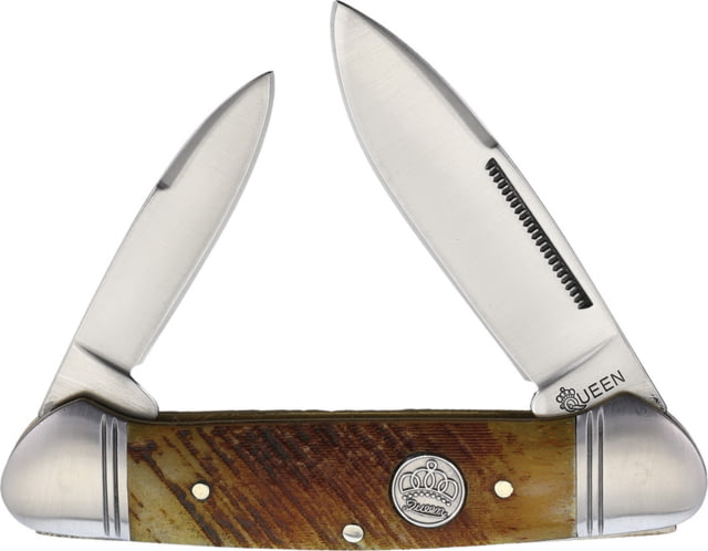 Queen Canoe Sawcut Bone Folding Knife Satin finish stainless spear and pen blades Brown sawcut bone handle QN013 / KB203 - Queen