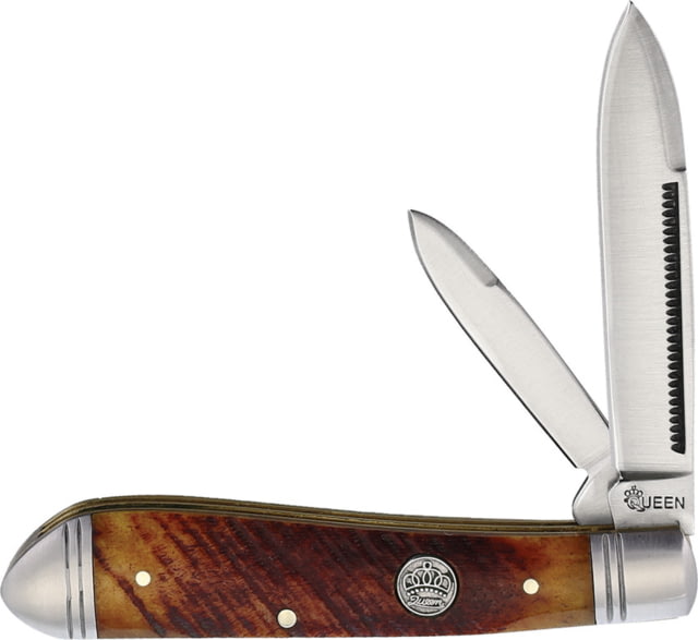 Queen Peanut Sawcut Bone Folding Knife Satin finish stainless clip and pen blades Brown sawcut bone handle QN011/ KC014 - Queen