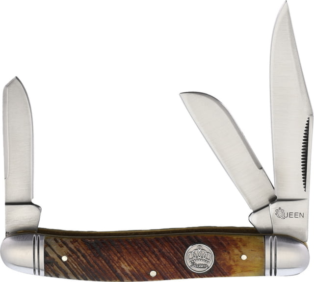 Queen Stockman Sawcut Bone Folding Knife Satin finish stainless clip sheepsfoot and spey Brown sawcut bone handle QN014 / KB309 - Queen