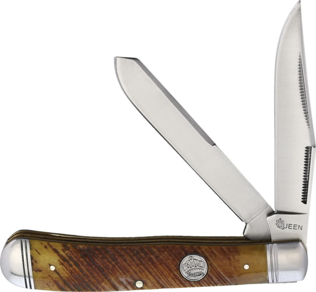 Queen Trapper Sawcut Bone Folding Knife Satin finish stainless clip and spey blades Brown sawcut bone handle QN015 / KC012 - Queen