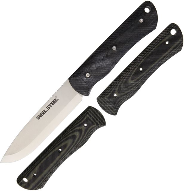 Real Steel Bushcraft Fixed Blade Knife Set4inD2 Tool SteelDrop Point Black/Green Micarta Handle - Real Steel