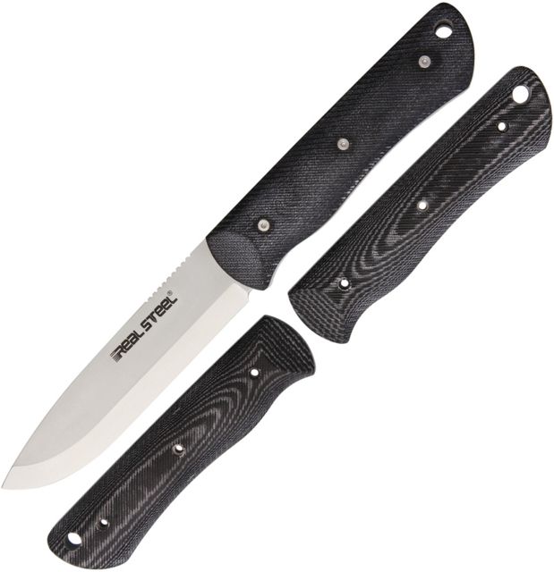 Real Steel Bushcraft Fixed Blade Knife Set4inD2 Tool SteelDrop Point Black/White Micarta Handle - Real Steel