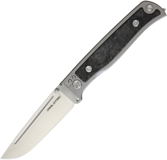 Real Steel Relict Framelock Drop Point Knife 3.5in Satin S35Vn SS Drop Point Satin Titanium Handle w/Carbon Fiber Onlay Bail Pocket Clip Integrated 12 - Real Steel