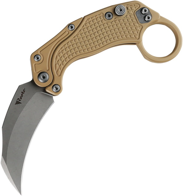 Reate Knives EXO-K Tan SW Folding Knife 4.5in Closed 3in Stonewash Bohler N690 SS Karambit Blade Tan Cerakote Aluminum Handle EXO-K TAN SW - Reate Knives