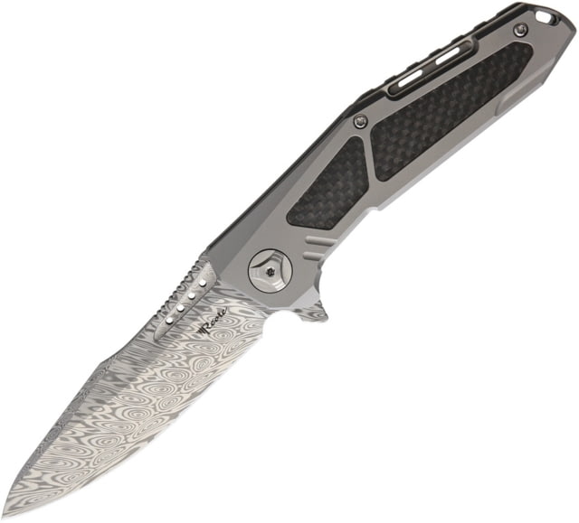 Reate Knives K3 Framelock Damascus CF Folding Knife 4in Damascus Steel Drop Point Gray Titanium Handle Pocket Clip Carbon Fiber Handle Inlay Black - Reate Knives