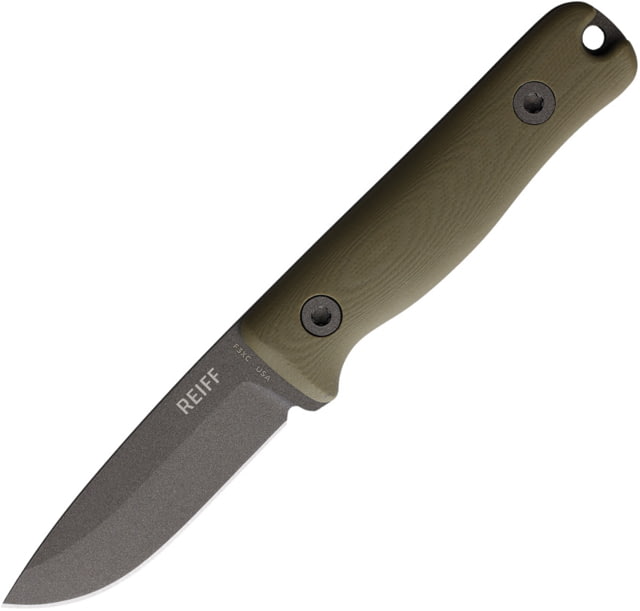 Reiff Knives F3 XC Fixed Blade Knife 6.75in Overall 3in Gray Cerakote CPM-3V Carbon Steel Drop Point Blade OD Green Handle Brown Leather Belt Sheath - Reiff Knives