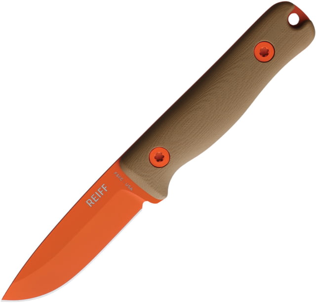 Reiff Knives F3 XC Fixed Blade Knife 6.75in Overall 3in Orange Cerakote CPM-3V Carbon Steel Drop Point Blade Coyote Tan G10 Handle Black Kydex Belt - Reiff Knives
