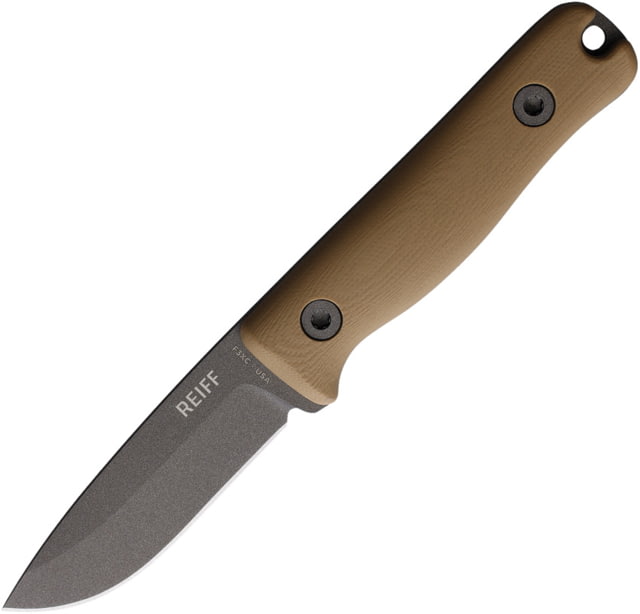 Reiff Knives F3 XC Fixed Blade Knife 6.75in Overall 3in Gray Cerakote CPM-3V Carbon Steel Drop Point Blade Coyote Tan G10 Handle Black Kydex Belt - Reiff Knives