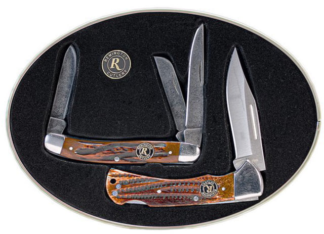 Remington Tin Collector 2-Knife Gift Set American Tradition Set 3 1/2in Lockback Stockman Stone Washed V-Flat Blades Coffee Brown Bone Handle - Remington