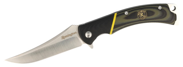 Remington Hunter 4in D2 Trailing Point Folder Black Leather Sheath Green/Black G10 Handle